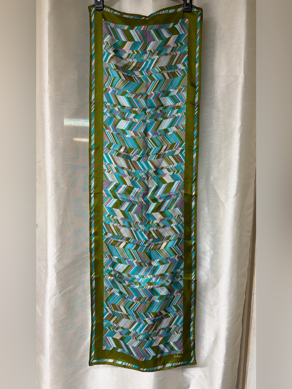 Echo Striped 100% Silk Scarf with Olive Border. - Picture 3 of 5